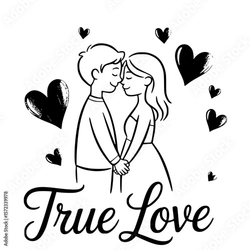 Eternal Embrace: Depicting a tender moment of connection.  A pair of lovers stands in close proximity with closed eyes surrounded by hearts, with the words True Love inscribed below.