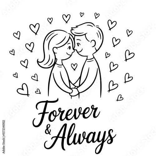 Eternal Connection: Depicting the eternal promise of Forever & Always, a heartwarming illustration shows a couple's connection, surrounded by hearts that encapsulate everlasting affection. 