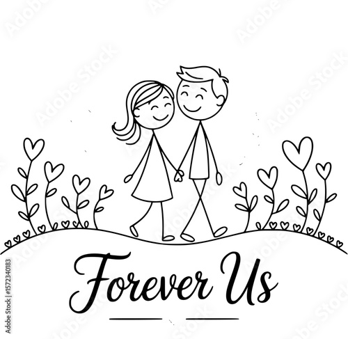 Forever Us: A whimsical illustration of a couple walking hand in hand, surrounded by blossoming hearts. It embodies enduring love and commitment.