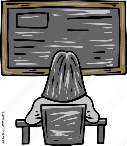 Female student facing chalkboard in classroom