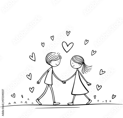 Couple in Love: Two figures, hand in hand, walk together, surrounded by a constellation of hearts that beautifully depict their love, togetherness, and romance.  