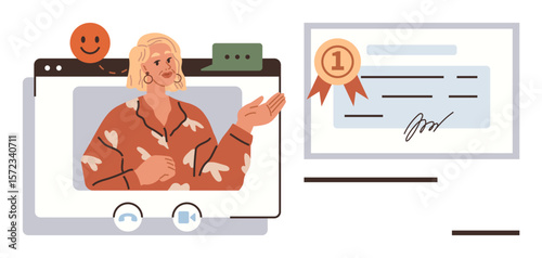 Woman in online meeting window speaking confidently, vibrant expressions, chat bubble, certificate with award badge. Ideal for education, training, coaching, virtual events, webinars recognition
