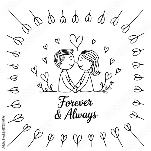 Forever & Always: A tender illustration of a couple in love, surrounded by romantic elements of hearts and arrows. Capturing the essence of everlasting love and commitment.