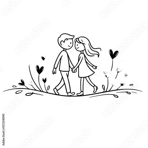 Harmony in Hand: An endearing cartoon couple strolls hand-in-hand amidst whimsical floral illustrations. Expressing the purity of love and togetherness. 