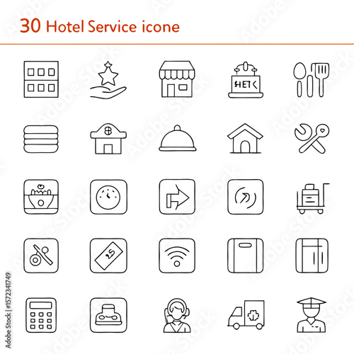 Collection of hotel service icons including room service, luggage, and concierge, presented in a grid