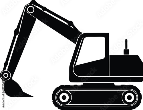 Vector art of a black and white excavator is ready to dig and construct on the construction site