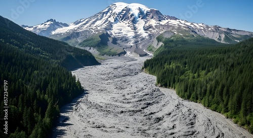 An aerial view captures the immense scale of a lahar (volcanic mudflow) that has carved a wide, gray path of debris from a snow-covered volcano through a green forest