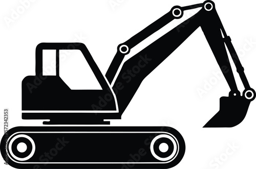 Vector art of a black and white excavator is ready to dig and construct on the construction site