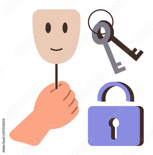 Hand holds a happy face mask, keys dangle, and a padlock represents security, privacy, and identity. Ideal for data protection, cyber safety, anonymity, authentication consent identity validation