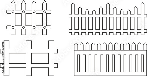 Wooden Fence line art Icon set. Classic Garden Fencing Symbol. Simple Fence cassic picket fence that embodies simplicity and security its clean line and rustic charm.collection of Garden fence wooden.
