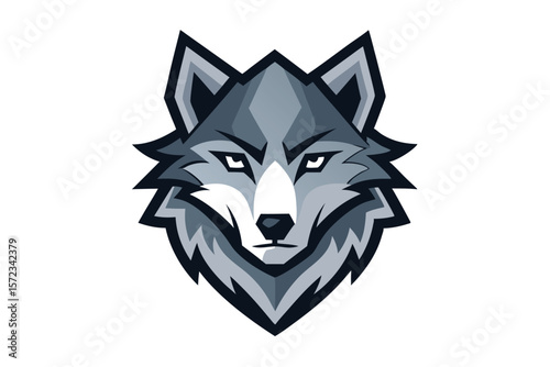 Fierce gray wolf head stares intensely forward with a bold, stylized appearance