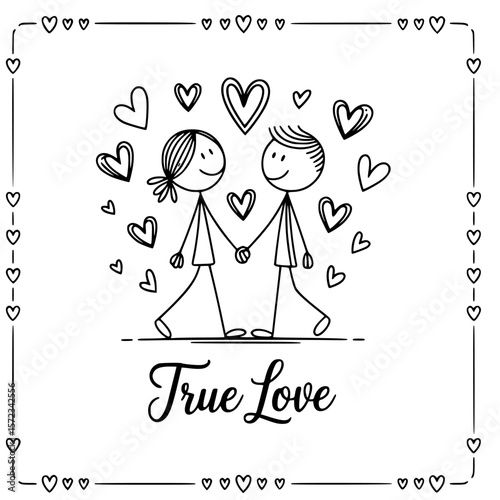 True Love: A tender depiction of two stick figures hand-in-hand surrounded by hearts, an artistic expression of eternal bonds, conveying the essence of everlasting affection and the beauty of love.