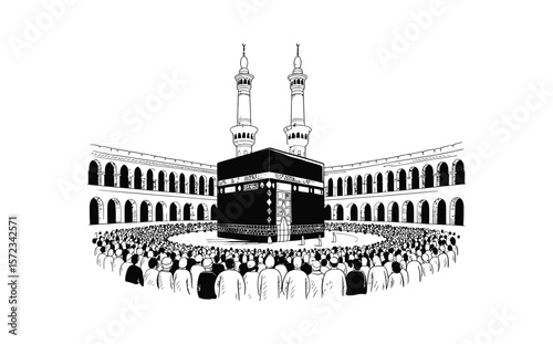 Simple Black and White Drawing of Kaaba in Mecca, Minimalistic Ink Sketch