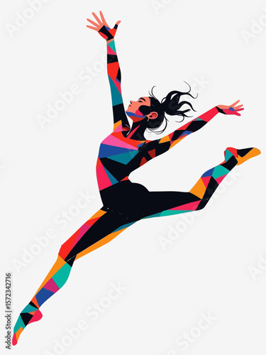  Artistic gymnast woman in mid-air during a dynamic jump