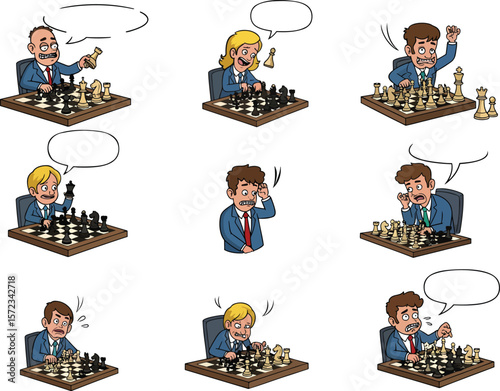Cartoon illustrations show comical situations in chess games with exaggerated reactions from players at the chessboard