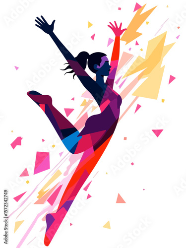  Artistic gymnast woman in mid-air during a dynamic jump