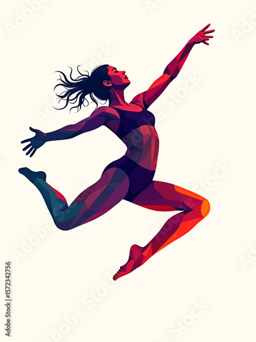  Artistic gymnast woman in mid-air during a dynamic jump