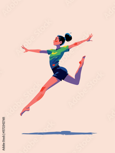  Artistic gymnast woman in mid-air during a dynamic jump
