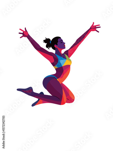  Artistic gymnast woman in mid-air during a dynamic jump