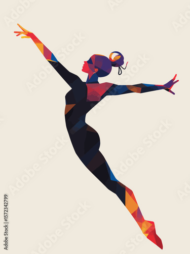  Artistic gymnast woman in mid-air during a dynamic jump