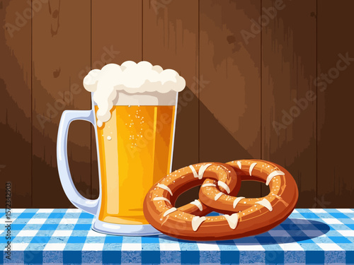  Beer glass and pretzel with blue white tablecloth on rustic wooden background 