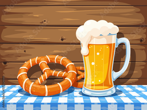  Beer glass and pretzel with blue white tablecloth on rustic wooden background 