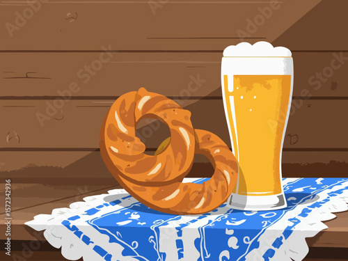  Beer glass and pretzel with blue white tablecloth on rustic wooden background 