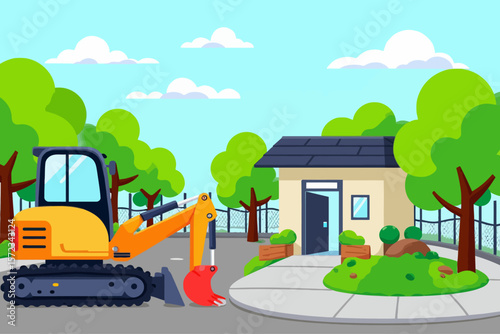Bobcat mini excavator parked on paved surface at public park restroom building surrounded by green trees and fenced pathway
