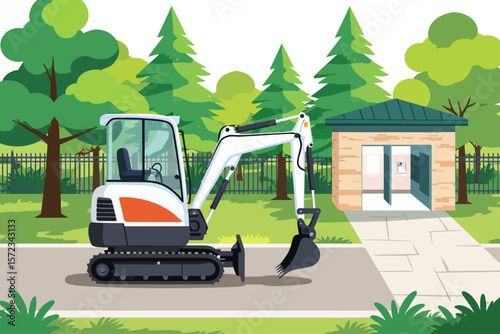 Bobcat mini excavator parked on paved surface at public park restroom building surrounded by green trees and fenced pathway