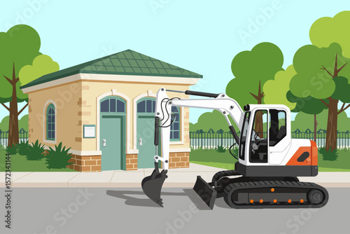 Bobcat mini excavator parked on paved surface at public park restroom building surrounded by green trees and fenced pathway