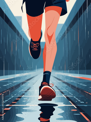 courage and strength of sports, vertical mobile banner background image with rear bottom angle view of man runner legs with sports shoes in a rainy day