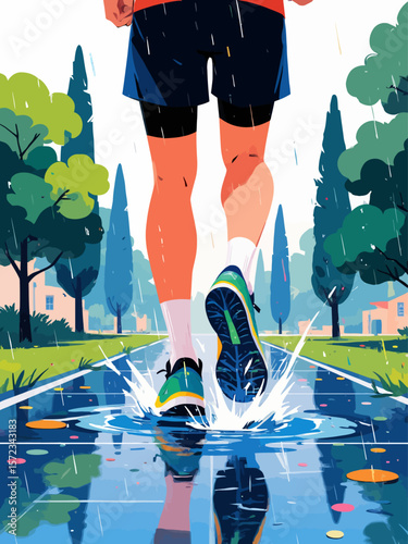 courage and strength of sports, vertical mobile banner background image with rear bottom angle view of man runner legs with sports shoes in a rainy day