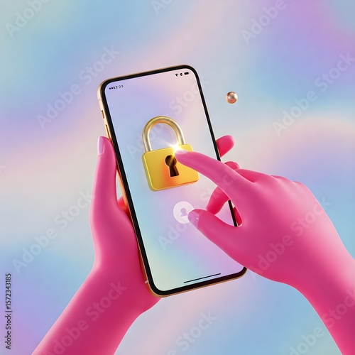 A stylized hand interact to a lock icon on a phone. This image shows a 3D hand touching a golden lock on a smartphone screen representing secure digital protection and privacy.