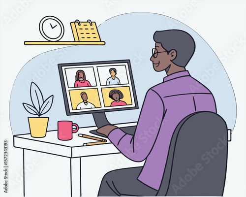 A diverse team engaged in a video conference call depicted in a stylish illustrated format suitable for various projects