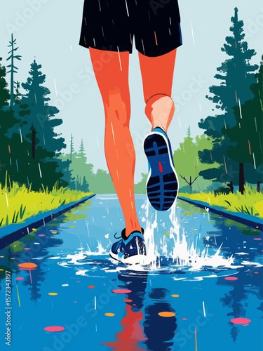 courage and strength of sports, vertical mobile banner background image with rear bottom angle view of man runner legs with sports shoes in a rainy day