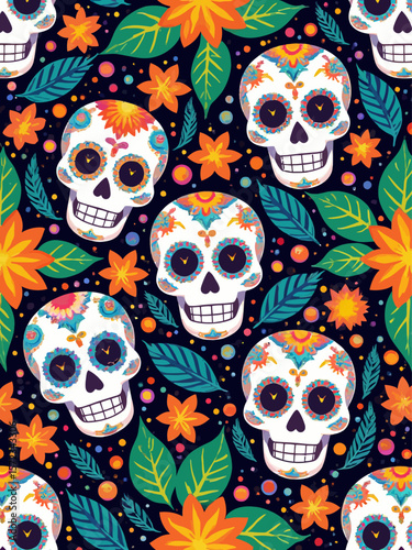 Dia de los muertos mexican seamless pattern with sugar calavera skulls and tropical flowers