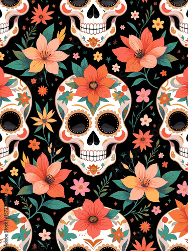 Dia de los muertos mexican seamless pattern with sugar calavera skulls and tropical flowers