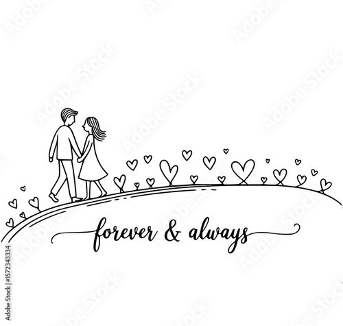 Eternal Bond: A heartwarming illustration captures the tender embrace of love, as a couple strolls hand-in-hand, their path adorned with hearts, symbolizing Forever & Always.
