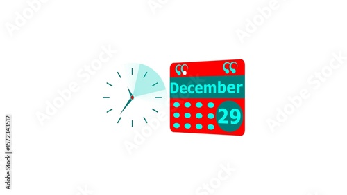 December month 29 date calendar icon and cyan color clock 4k illustration. Digital calendar month concept design on White background.