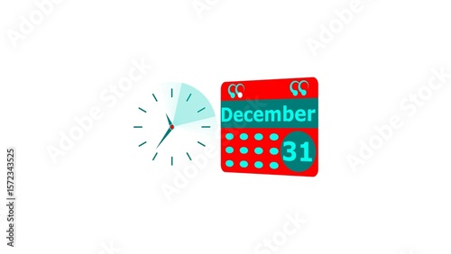 December month 31 date calendar icon and cyan color clock 4k illustration. Digital calendar month concept design on White background.