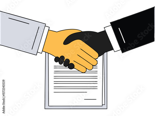 Business partnership agreement illustrated with a handshake over contract document transparency concept