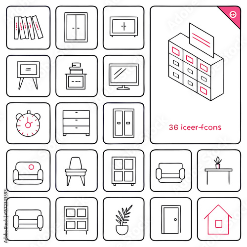 Collection of furniture and home decor icons featuring sofas, tables, cabinets, and other household items
