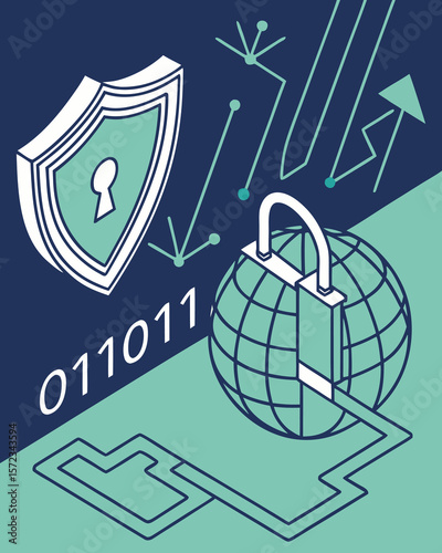 Cybersecurity Concept Illustration – Data Protection, Digital Shield, and Online Security Icons"