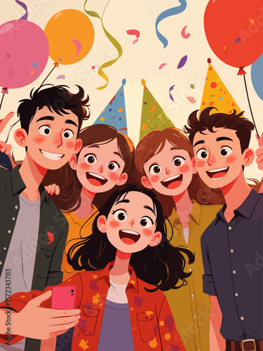Group of happy people taking a selfie, young Caucasian boys and girls celebrating a party with balloons background