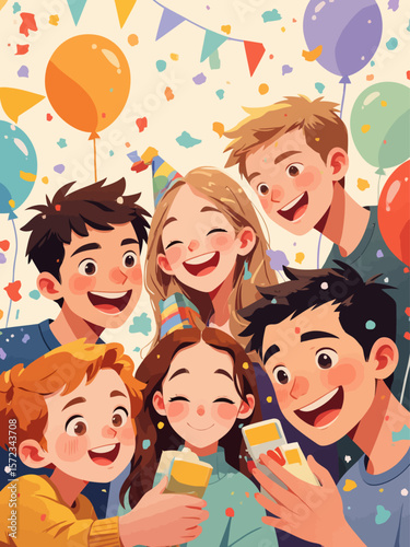 Group of happy people taking a selfie, young Caucasian boys and girls celebrating a party with balloons background
