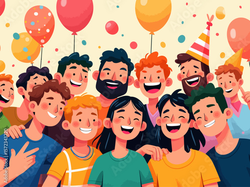 Group of happy people taking a selfie, young Caucasian boys and girls celebrating a party with balloons background