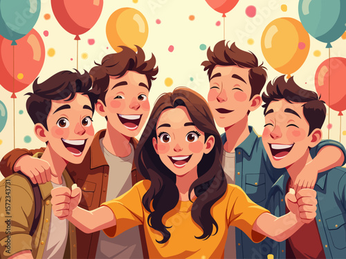 Group of happy people taking a selfie, young Caucasian boys and girls celebrating a party with balloons background