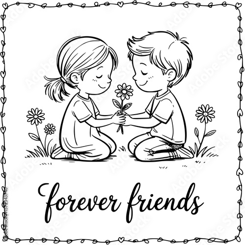 Forever Friends: A charming illustration capturing the bond of friendship as two children exchange a flower, symbolizing unity and everlasting companionship.