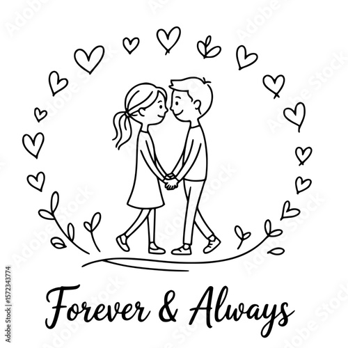 Forever and Always: A simple and heartwarming illustration of a couple holding hands, surrounded by hearts and foliage, embodying the essence of eternal love and commitment.