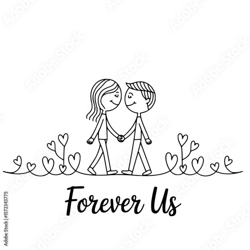 Forever Us: An illustration of a couple, intertwined hands, walking along a path decorated with heart-shaped foliage, embodying the idea of togetherness and enduring love. 